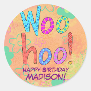 WooHoo Orange Word Art Birthday Name Personalised Classic Round Sticker