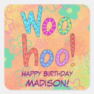 WooHoo Orange Word Art Birthday Name Personalised Square Sticker