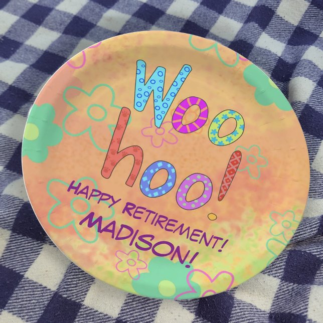 Woohoo Word Text Art Name Personalised Retirement Paper Plate (WooHoo Retirement Plate name personalized for a great party)