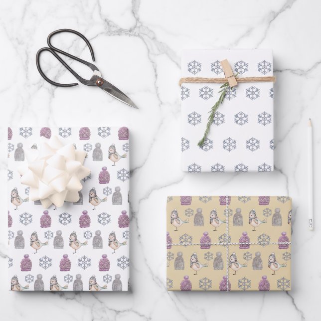 Wool Hats and Cute Sparrows Wrapping Paper Sheet (Front)