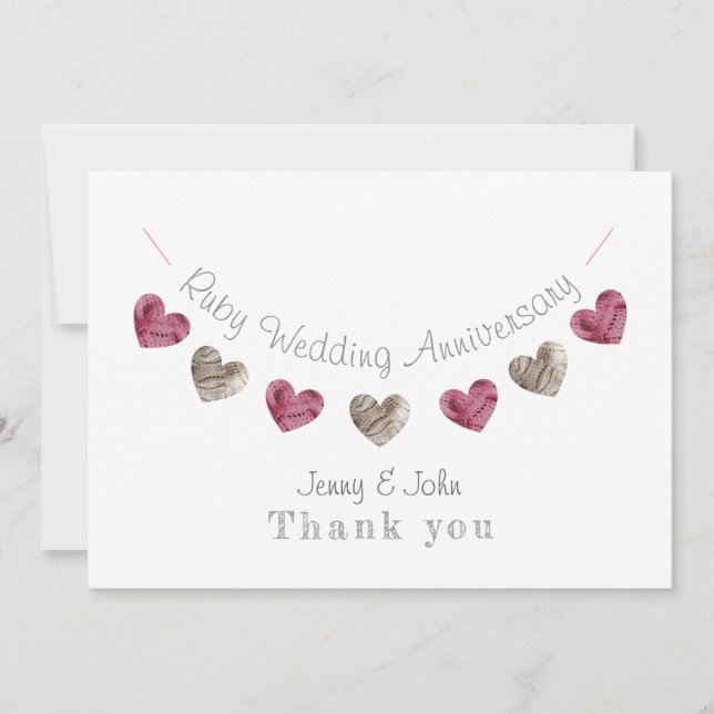 Wool heart bunting 40th Ruby Wedding Anniversary Thank You Card (Front)