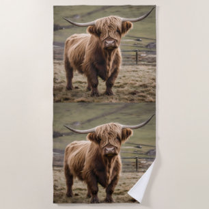 Woolly Brown Highland Cow, Beach Towel