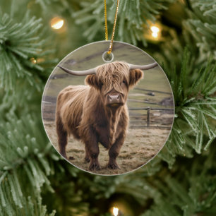 Woolly Brown Highland Cow, Ceramic Tree Decoration