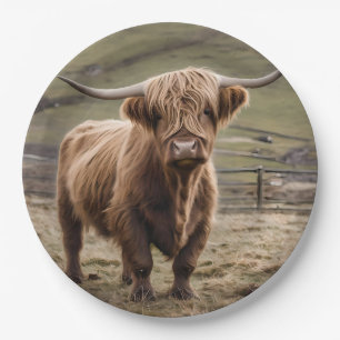 Woolly Brown Highland Cow, Paper Plate
