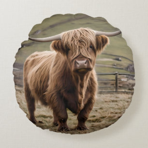 Woolly Brown Highland Cow, Round Cushion