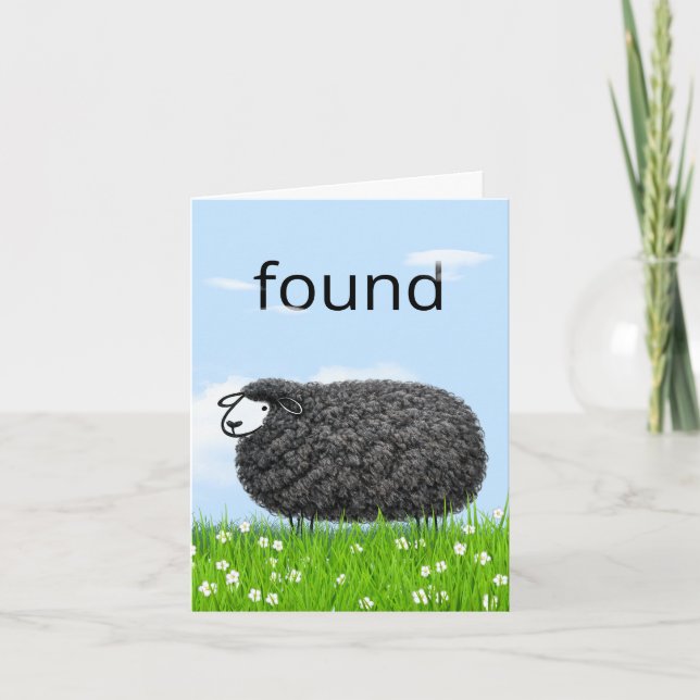 Wooly Black Sheep In Grass with "Found" Text Card (Front)