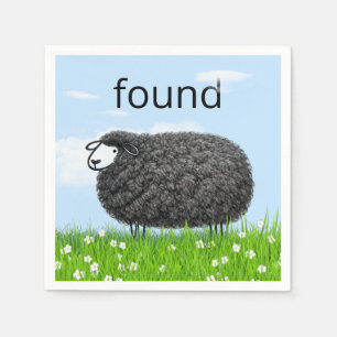 Wooly Black Sheep In Grass with "Found" Text Napkin