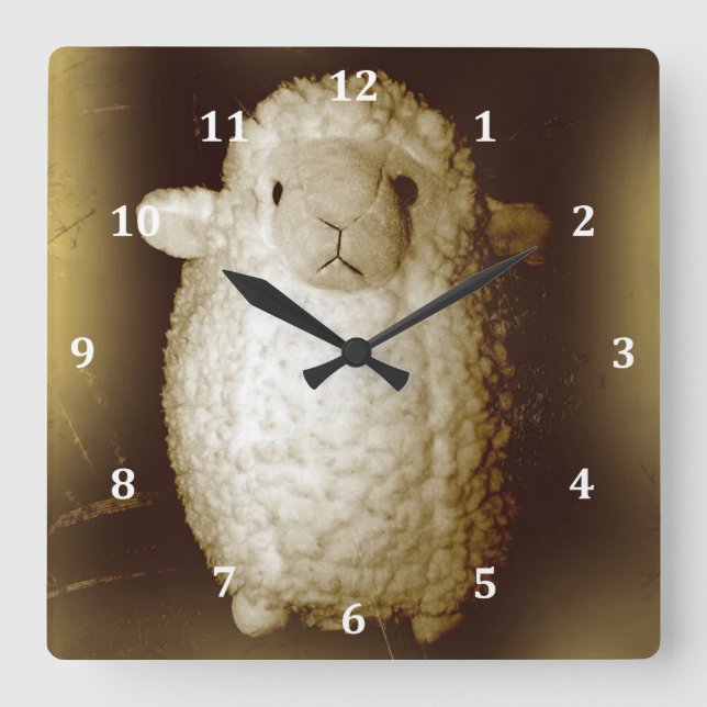 Wooly Fuzzy Sepia Lamb Square Wall Clock (Front)