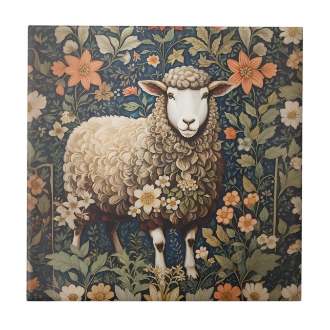 Wooly Sheep William Morris Inspired Floral Tile (Front)