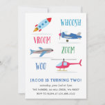 Woosh Vroom Woo Space Rocket Kid's birthday party  Invitation<br><div class="desc">A kid's birthday party invitation featuring a Rocket,  air plane,  helicopter.</div>