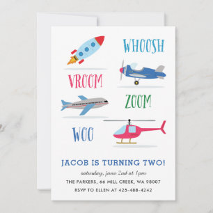 Woosh Vroom Woo Space Rocket Kid's birthday party Invitation
