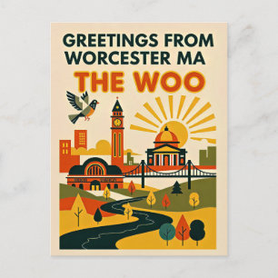 Worcester MA “The Woo” Retro Travel  Postcard