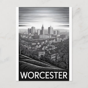Worcester Massachusetts Skyline Black White Woodcu Holiday Postcard