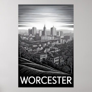 Worcester Massachusetts Skyline Black White Woodcu Poster