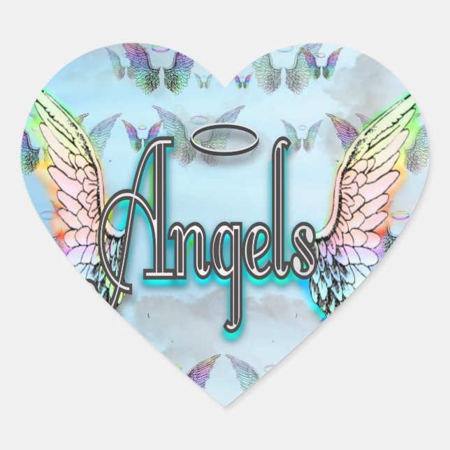 Word Art Angel with Wings & Halo - Rainbow coloure Heart Sticker (Front)