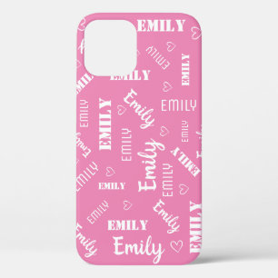 Word Art Cloud Calligraphy Love Heart Girly Pink iPhone 12 Case