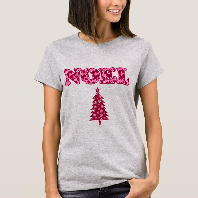 Word Art - Noel Patterned with Trees Burgundy  T-Shirt (Front)