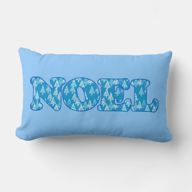 Word Art - Noel Patterned with Trees Light Blue  L Lumbar Cushion (Front)
