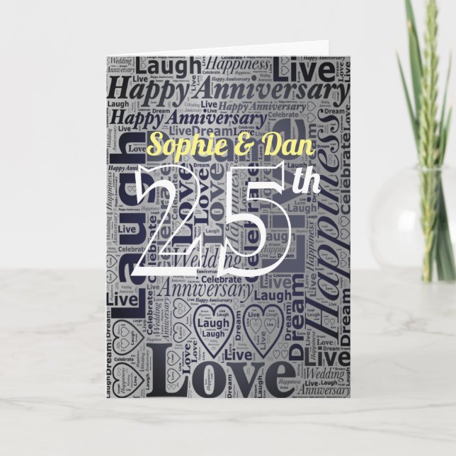 Word Art Personalised 25th Wedding Anniversary Card (Front)