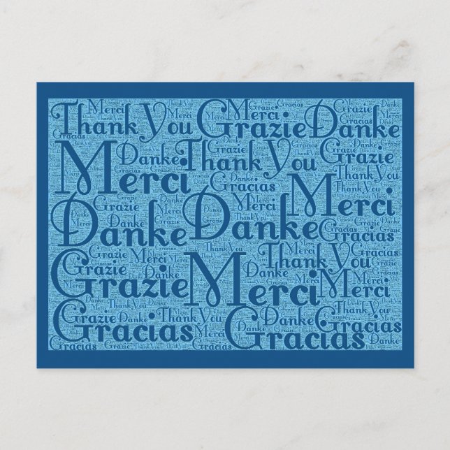 Word Art: Thank You in Multi Languages - Aqua Blue Postcard (Front)