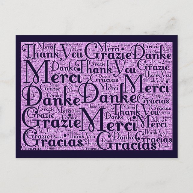 Word Art: Thank You in Multi Languages - Pink Navy Postcard (Front)