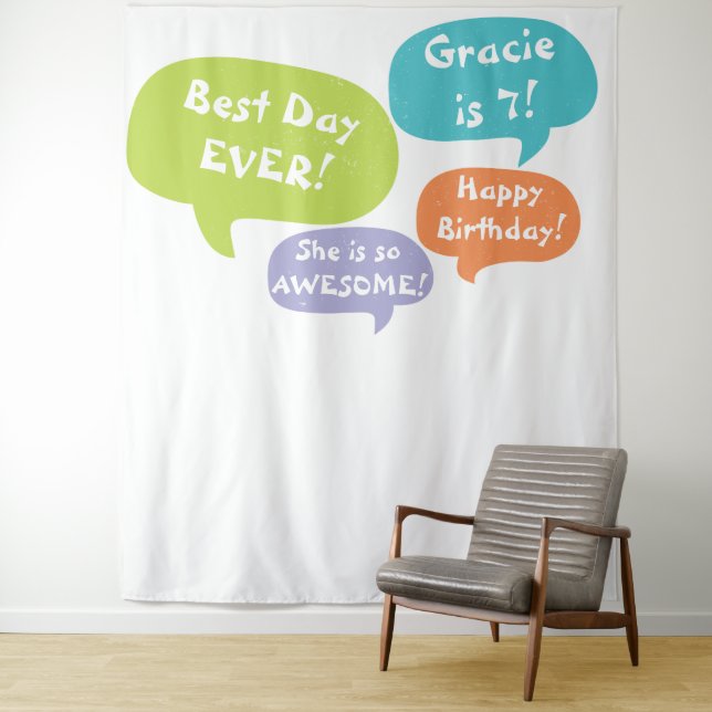 Word Bubble Birthday Party Backdrop Photo Booth Tapestry (In Situ)