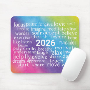 Word Cloud 2026 On Rainbow Abstract Mouse Pad