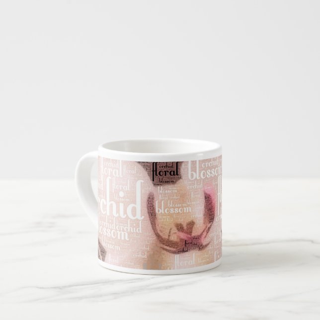 Word Cloud Typography of Orchid, Floral, Blossom Espresso Cup (Front Left)