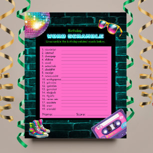 Word Scramble 90s Neon Disco Birthday Game