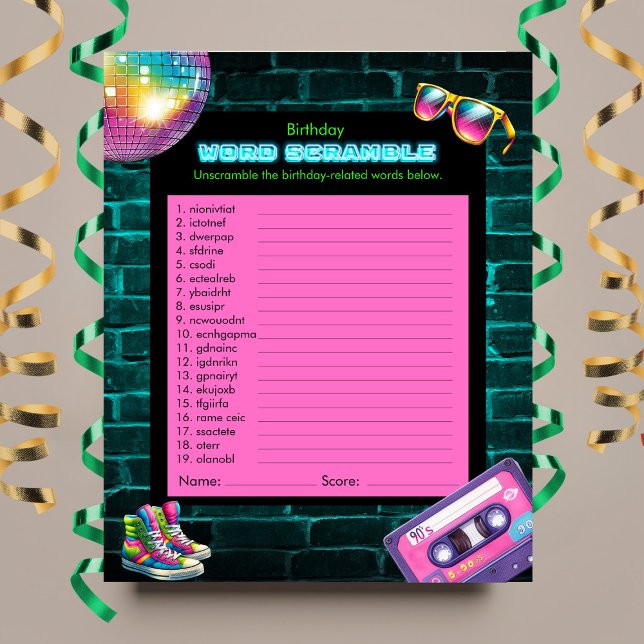Word Scramble 90s Neon Disco Birthday Game (Creator Uploaded)
