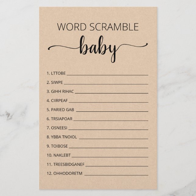 Word Scramble Baby Game Baby Shower party game (Front)
