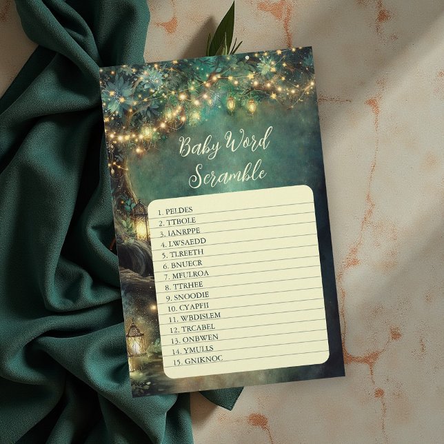 Word Scramble Baby Shower Game Enchanted Forest Flyer (enchanted forest baby shower game word scramble emerald green gold fairy lanterns magical woodland)