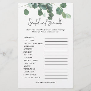 Word Scramble Bridal Shower Game Eucalyptus Leaf