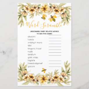Word Scramble Game Bee Botanical baby shower