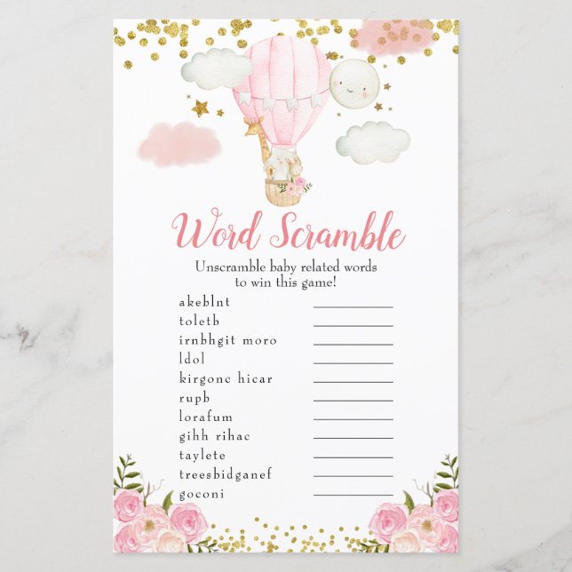 Word Scramble Game Pink Hot Air Balloon Animals (Front)