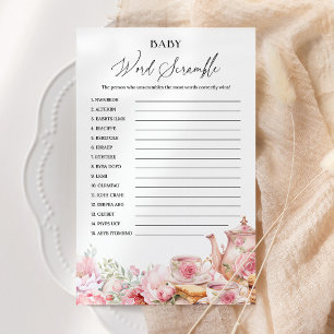 Word Scramble Pink Floral Tea Baby Shower Game