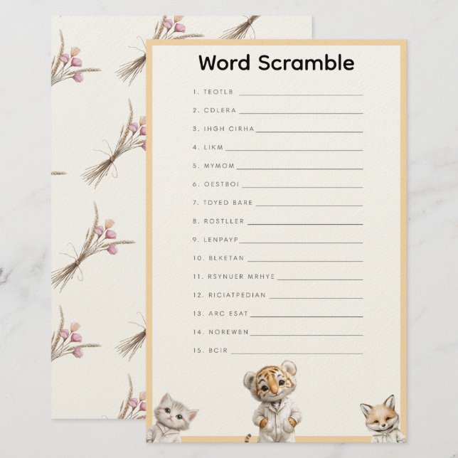  Word Scramble Whimsical Pajama Animals Stationery (Front/Back)