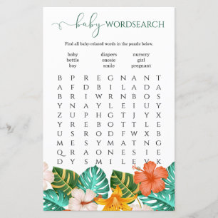 Word Search Tropical Floral Baby Shower Game