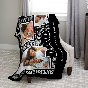 Words For #1 Dad Father's Day Photo Collage Black Fleece Blanket