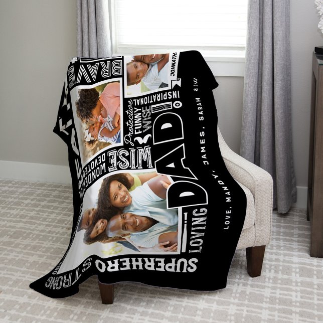 Words For #1 Dad Father's Day Photo Collage Black Fleece Blanket (Creator Uploaded)