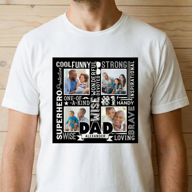 Words For #1 Dad Father's Day Photo Collage Black T-Shirt (Personalized Gift #1 Dad Fathers Day Photo Collage T-Shirt)