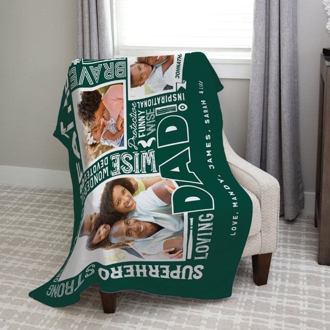 Words For #1 Dad Father's Day Photo Collage Green Fleece Blanket (Creator Uploaded)