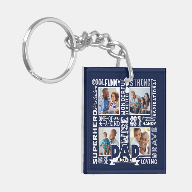 Words For #1 Dad Father's Day Photo Collage Navy Key Ring (Front Left)