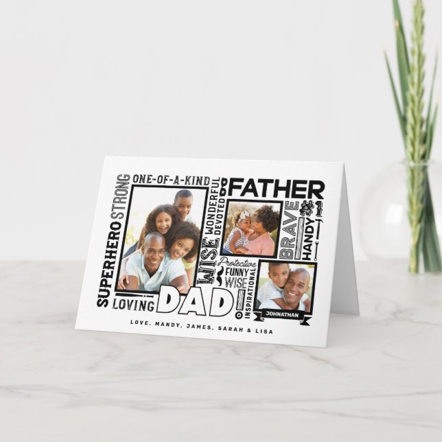 Words For #1 Dad Father's Day Photo Collage White Card (Front)