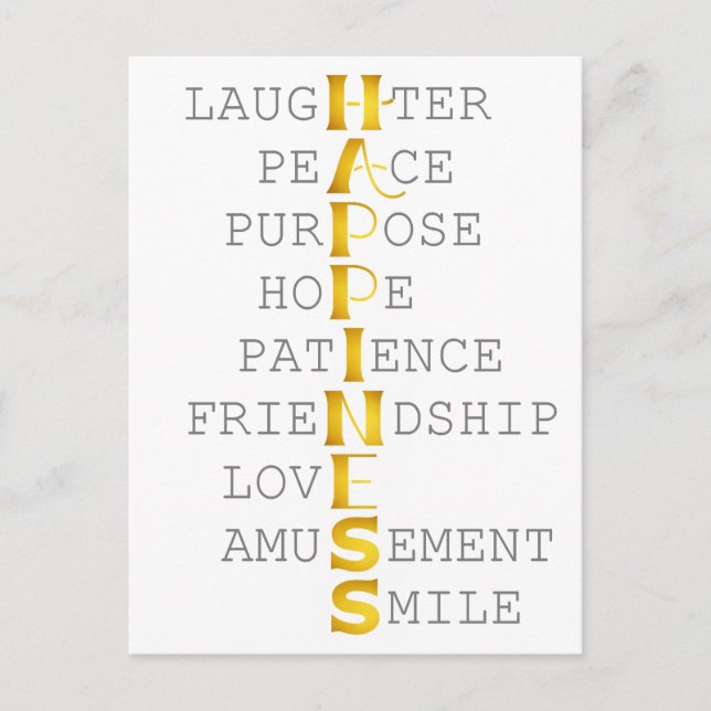 Words of HAPPINESS in Gold Lettering Postcard (Front)
