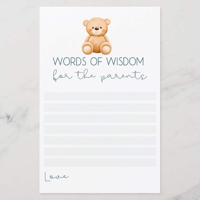 Words of wisdom | Teddy Bear Baby Boy Shower Games (Front)
