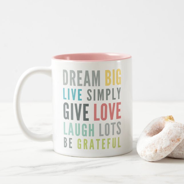WORDS TO LIVE BY modern motivational mantra quote Two-Tone Coffee Mug (With Donut)