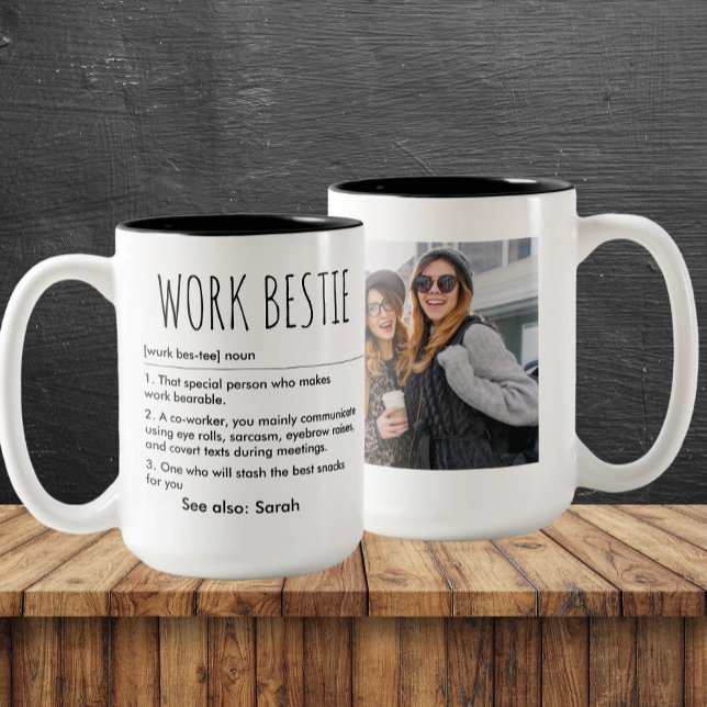 Work Bestie Definition Funny Custom Name & Photo Two-Tone Coffee Mug (Creator Uploaded)