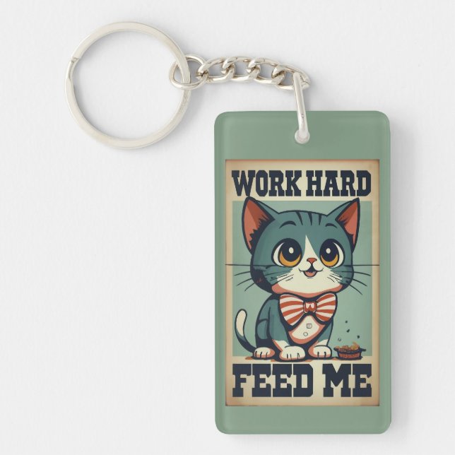Work Hard Old Vintage Cat Key Ring (Front)