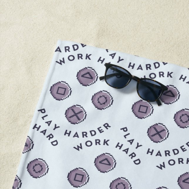 Work Hard Play Harder Gamer Buttons Beach Towel (In Situ)